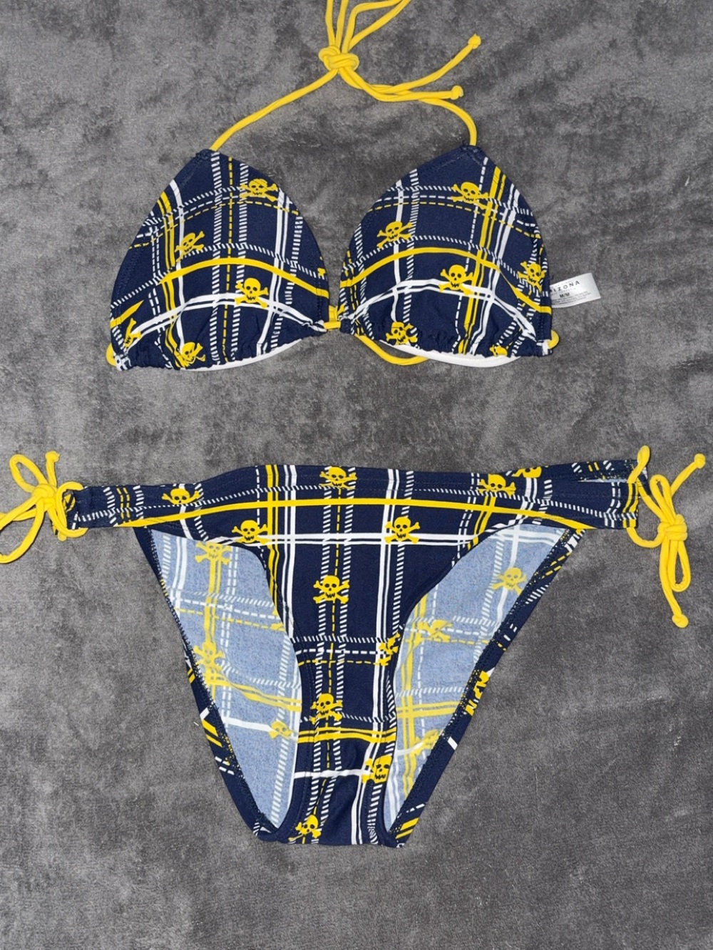 Arizona Jean Company Navy and Yellow Plaid Skull Tie Bikini